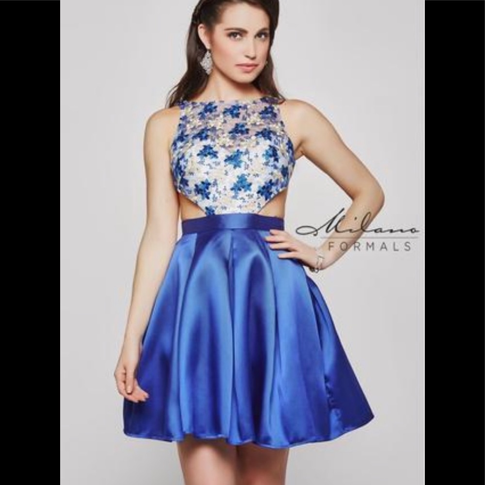 Milano Dress open back Cobalt blue white lace dressy homecoming dance wedding